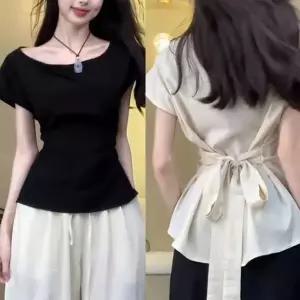 T4113 뒷 리본 벨트 여리여리핏 모던 실키 반팔 블라우스