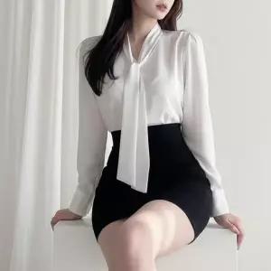 T4878 스카프 타이 붙어있는 브이넥 면접 오피스 여성 우아한 블라우스