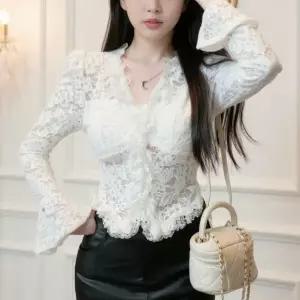 T4861 브이넥 주름 레이스 시스루 망사 섹시 블라우스