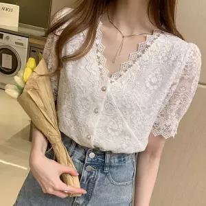 100194C 반팔 레이스장식 여성 러블리 블라우스