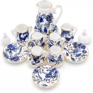 오도리아 1 12 미니어처 15Pcs 블루 도자기 친츠 찻잔 세트(블루)