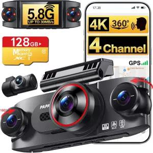 4채널 360 대시캠 전면 및 우측 내부 4K+3 1080P 차량용 카메라 128GB 무료 SD 카드 5.8GHz WiFi-30MB/s