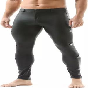 YUBNG 남성용 인조 가죽 타이트 팬츠 레깅스 롱 스키니 하의 신축성 있는 오토바이 바지