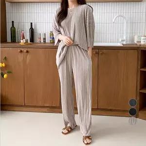 여성용 빅사이즈 데일리 루즈핏 라운드넥 세로 플리츠 티셔츠 + 일자핏 통 밴딩 바지 세트