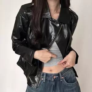 여성용 유광 가죽 라이더 스타일 데일리 자켓