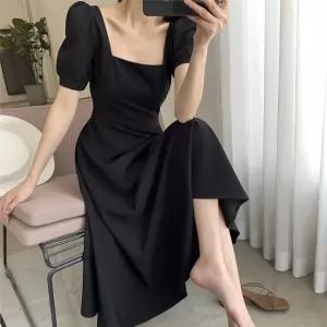 예쁜 벌룬 소매 여친 패션 A라인 블랙 롱원피스