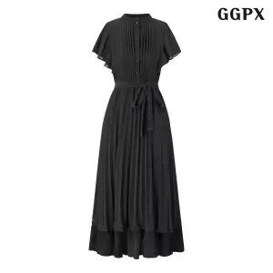 GGPX 러블리 레이어드 플리츠 반팔 롱 원피스 GQBOW013D