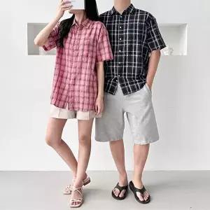 여름 볼카 남녀공용 린넨 체크 반팔셔츠 여름남방 SD 250637