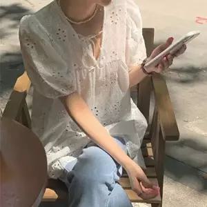 여성블라우스 퓨어 아일렛 레이스 펀칭 코튼 롱 블라우스