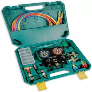 PB Motor Tech R1234Yf R134a R404a용 3방향 매니폴드 게이지 케이스 포함 알루미늄 밸브 바디 퀵 커플러