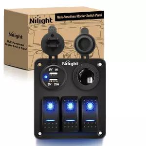Nilight - 90115C 3 갱 로커 스위치 패널 방수 프리와이어드 알루미늄 듀얼 USB 충전 소켓 및 궐련 라이터