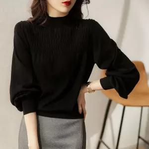 벌룬 소매 셔링 반목 니트 여성 출근 룩 데일리 티 [BSN21458]