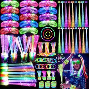 OLUP 148 PCS 글로우 인 더 다크 파티 용품 16 광섬유 지팡이 14 LED 안경 100 스틱 및 18 헤어 클립이