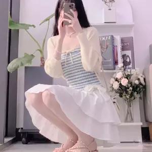 (2피스SET/하이틴)여리핏 골지 볼레로 가디건 + 단가라 리본 튜브탑 코디 세트 셋업37946