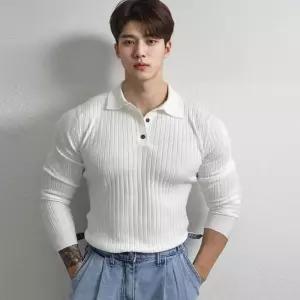 남성 머슬핏 긴팔 카라티 단추 슬림핏 티셔츠 2색