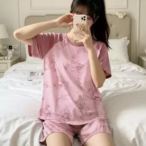 여성 여름 파자마 파티 반팔 바지 잠옷 세트 인디핑크
