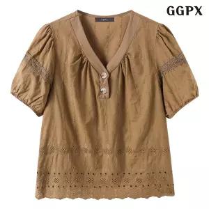 GGPX 반 버튼업 코튼 펀칭 반팔 블라우스 GQBBA074D