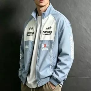 F1 레이싱 하이 스트리트 경량 재킷 남성용 지퍼업 스탠드 칼라 레터 모터사이클 바람막이