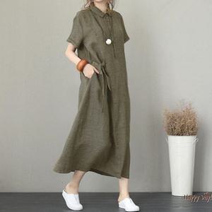 빅사이즈 린넨 롱 원피스 여름 카라 루즈핏 반팔 여성 돌잔치엄마 티모임 소풍 해변