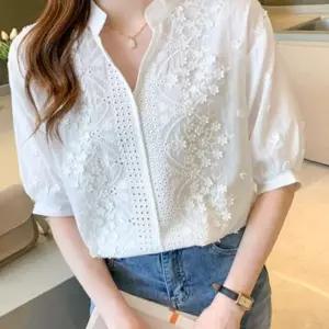 블라우스 봄 플라워 브이넥 여름 반팔 여성 자수 펀칭 NWDD9F27