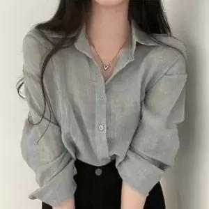 여름 시스루 얇은 셔츠 긴팔 세미크롭 셔츠 3컬러
