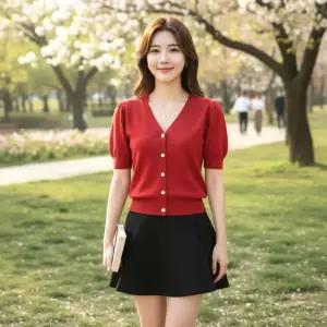 미텐드 꽃진주 단추 퍼프 소매 반팔 가디건 SD-260629