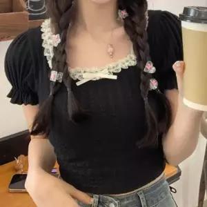 리본 러블리룩 티셔츠 여친룩 스퀘어넥 귀여운 레이스 크 퍼프소매