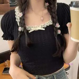 여친 레이스 리본 크롭반팔티 룩 퍼프소매 스퀘어넥 룩귀여운티셔츠 스퀘어티셔츠nop817