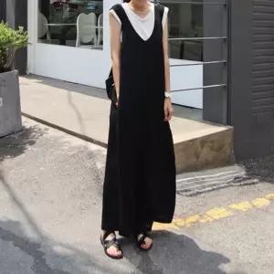 롱 무드 슬리브리스 내추럴 점프수트 멜빵바지 여성
