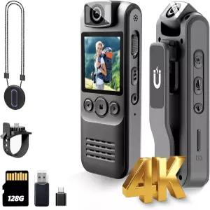DayDateUp 4K 128GB 바디 카메라 오디오 및 비디오 녹화 마그네틱 백 클립 자전거 마운트 180° 회전 렌즈