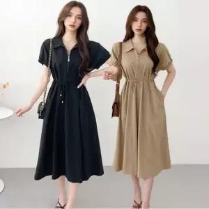 셀럽하우스 여성 여름원피스 반팔 카라 집업 레이스업 롱원피스