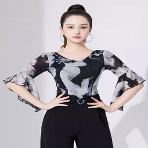 상의 화려한 장미레드 나팔 칠부 무대의상 줌바 라틴 스포츠 댄스복