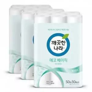 [하프클럽/오티마트]깨끗한나라 화장지 에코베이직 2겹 50m 30롤 x 3팩
