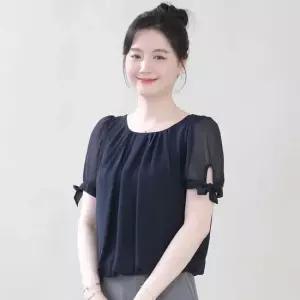 애비뉴투지 엄마옷 셔링 리본 소매 쉬폰 시스루 여성 여름 반팔 블라우스 B06625