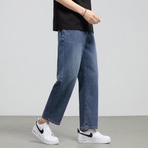 남성 레트로 청바지 스프링 스트레이트 9부 캐주얼 와이드 레그 롱 바지 A