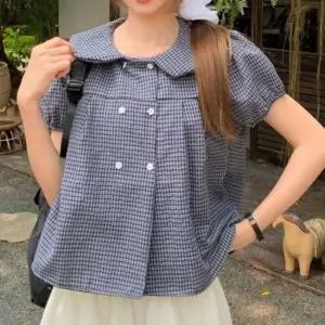체크 퍼프 빅카라 루즈핏 러블리 반팔 블라우스셔츠 여성스런 러블리룩 여성티