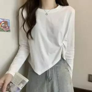 여성 심플 사이드 셔링 간절기 레이어드 꼬임 언발란스 롱슬리브 티셔츠