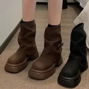여성 미들부츠 스웨이드 셔링 루즈핏 봄 가을 신발 2색 와이드부츠 미들부츠 통굽부츠