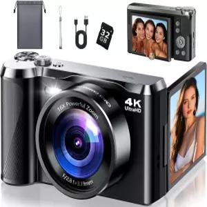 사진 및 여행용 4K 디지털 카메라 3인치 180 플립 스크린 16배 줌 컴팩트 포인트 초보자를 위한 촬영 32GB