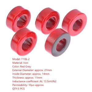 5개 27x14x11mm 10μo T106-2 스틸 페라이트 토 로이드 코어 인덕터 분말 레드 링 낮은 투과성