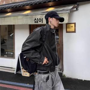 EAMT 남성 빈티지 라이더 가죽 스웨터 스탠드카라 숏 블랙 루스핏 PU가죽 코트 YJ