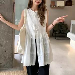 리본끈 레이스시스루 롱베스트 레이어드용 민소매 블라우스 여름데일리