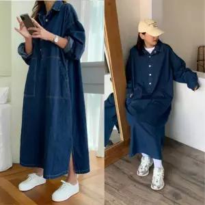 여성 빅사이즈 데님 롱 셔츠 원피스 오버핏 포켓 긴팔 청원피스