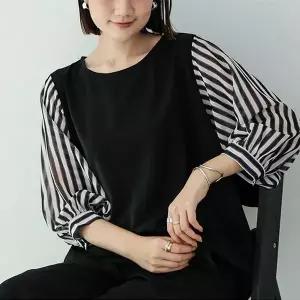 여성 데일리 줄무늬 쉬폰 팔뚝살커버 퍼프 7부 반소매 라운드넥 루즈핏 블라우스