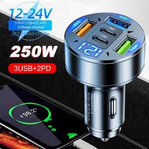 250W 5포트 차량용 충전기 PD QC3.0 USB C 휴대폰 어댑터 시거잭  디지털 전압 표시