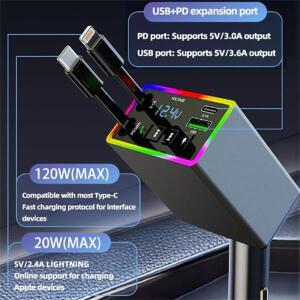 블루투스 5.3 차량용 핸즈프리 FM 트랜스미터 120W 4in1 리트랙터블 폰 충전기 RGB 라이트 U-디스크 AUX M