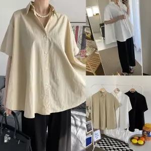 여성 빅사이즈 블라우스 클린 플레어 핏 남방 반팔 후레아 카라 셔츠 체형커버