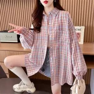 여자 빅사이즈 여름 베이직 자외선 차단 체크 카라넥 긴팔 롱 셔츠