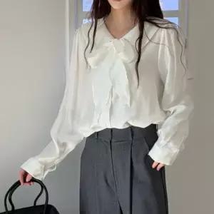빅사이즈여성의류 오픈 카라 리본 블라우스 실키 레이온 봄가을 정장셔츠