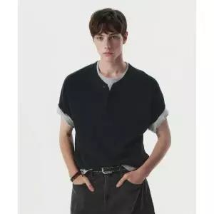 후아유 Henley Neck Short SLEEVE Sweater WHKAG2592U